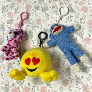 3 Plush Washable, Clip-on  - Sock Monkey, Smiley Face, Beanie Boo Leopard